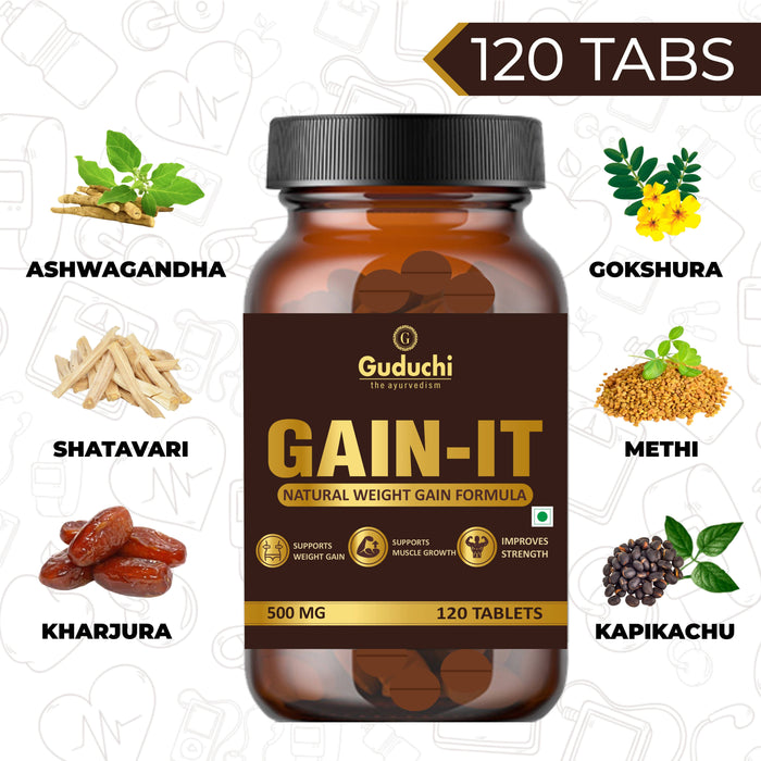 Guduchi Ayurveda GAIN-IT Tablets for Fast Weight & Muscle Gain and Bone Strength | For Under weight men and women | 500mg Tablets - 120 Tabs * PACK OF 3