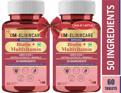 DM ElixirCare Biotin with Multivitamin | Aloe Vera, Keratin & Bamboo Extract | Hair Growth, Repair and Glowing Skin | 120 Tablets - Local Option