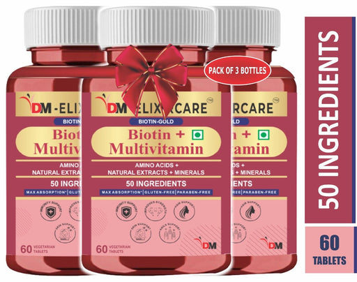 DM ElixirCare Biotin with Multivitamin | Aloe Vera, Keratin & Bamboo Extract | Hair Growth, Repair and Glowing Skin | 180 Tablets - Local Option