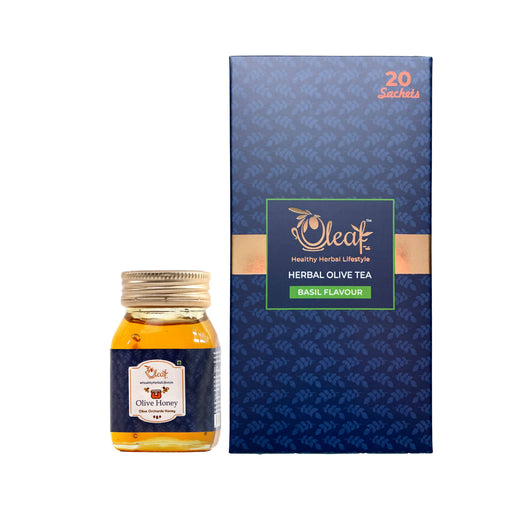 Oleaf Combo 7 (Herbal Olive Tea Basil 20 Tea Bags Bundle with Olive Orchards Honey 100 g) - Local Option