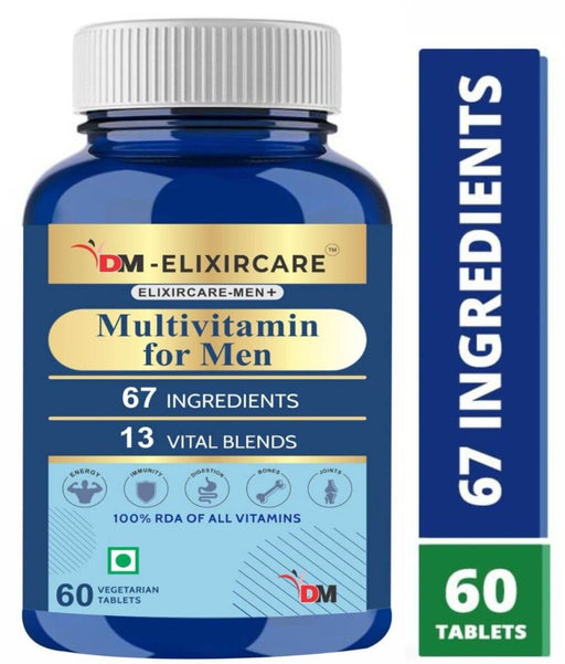 DM ElixirCare Multivitamin for Men for Immunity & Energy with 67 Ingredients |Multi Vitamins, Minerals, Probiotics, Superfoods, Fruits & Vegetable Blend– 60 Veg Tablets - Local Option