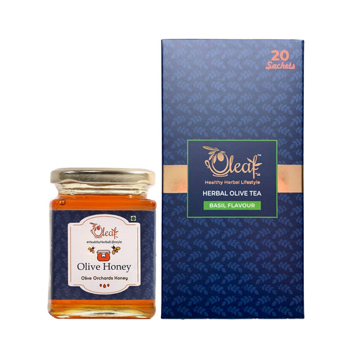 Oleaf Combo 2 (Herbal Olive Tea Basil 20 tea bags bundle with Olive Orchards Honey 350 g) - Local Option