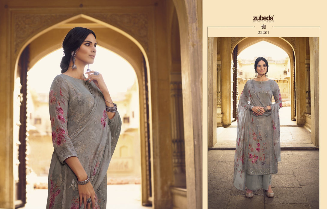 ZUBEDA Women's Pure Georgette Semi-Stitched Salwar Suit (Grey & Pink)-ZUBEDA_22201