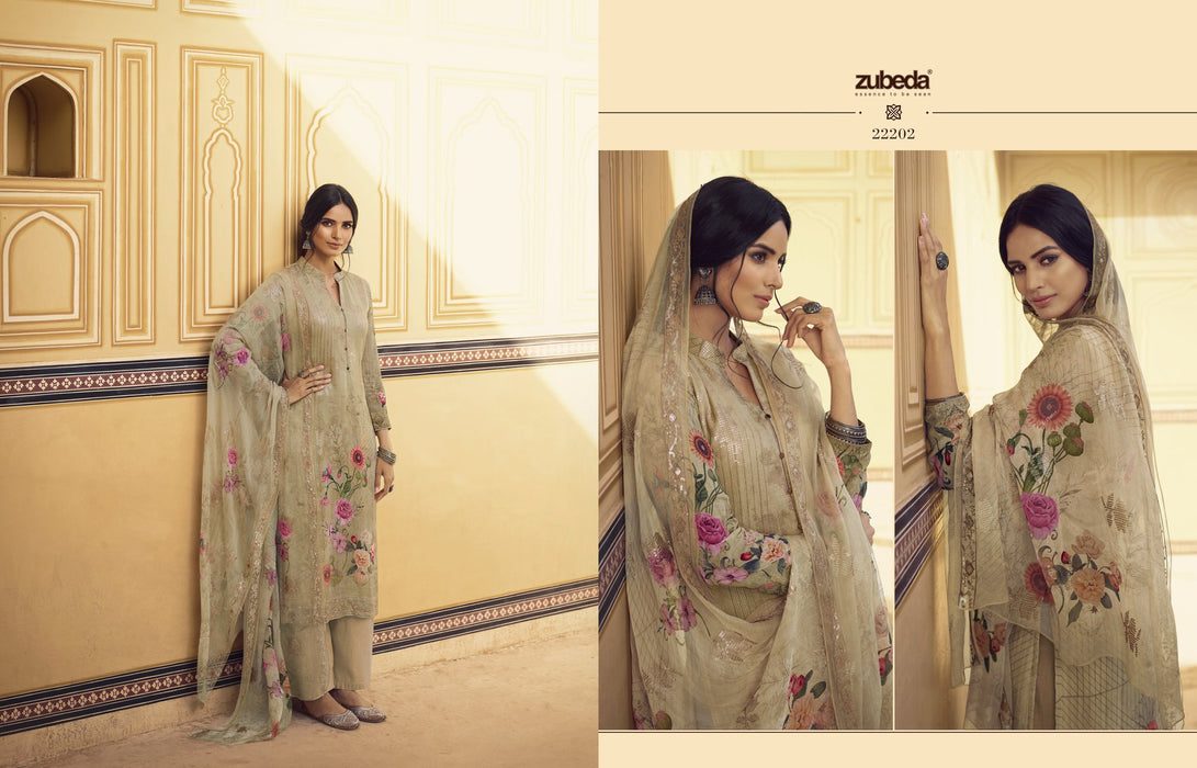 ZUBEDA Women's Pure Georgette Semi-Stitched Salwar Suit (Beige & Pink)-ZUBEDA_22202