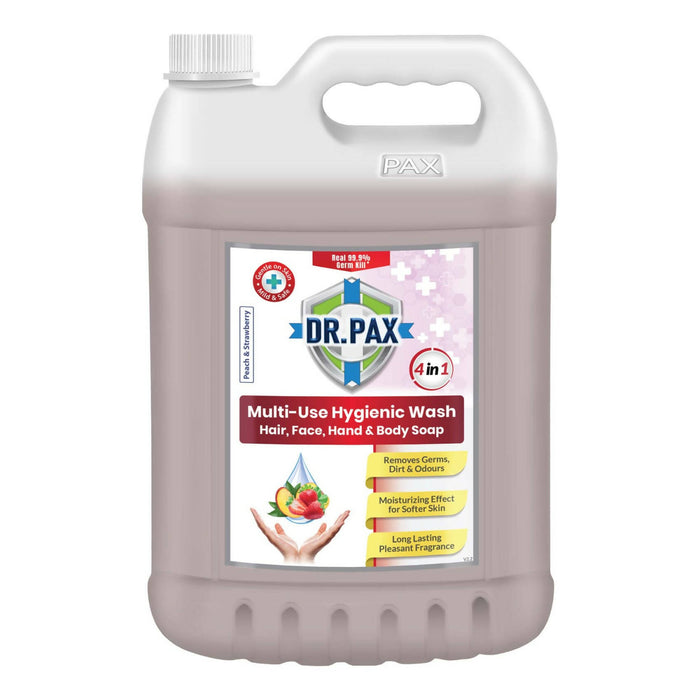 Dr. Pax 4 in 1 Multi-Use Hygienic Wash Soap for Hair, Face, Hand & Body with 99.99% Germ Kill Disinfection Protection (Peach Strawberry), 5L