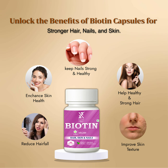 Biotin Capsule | skin brightening, Hair Growth, Reduces hair fall, Stronger Nails, Immune health | Xovak Pharmtech