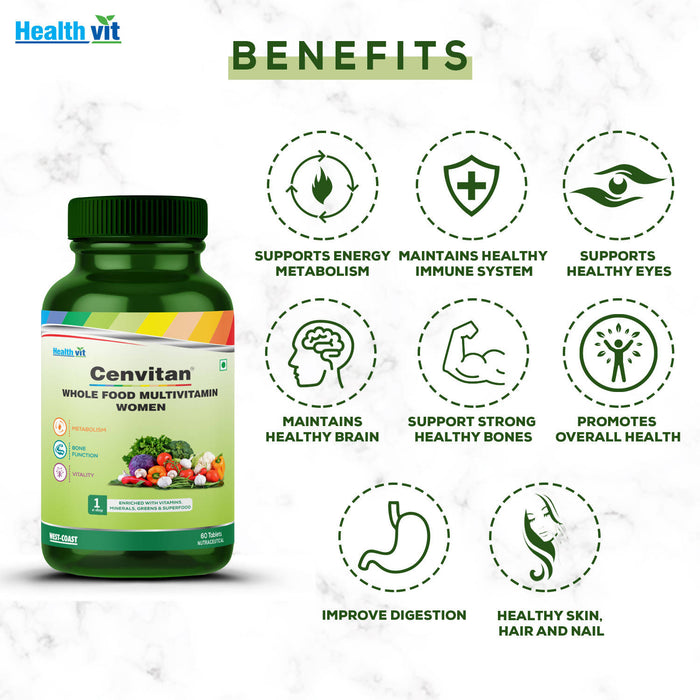 Healthvit Cenvitan Plant Based Whole Food Multivitamin for Women | Enriched with Vitamins, Minerals, Greens, Vegetables, Superfood, Fruits & Herbs Supplement | For Beauty Blend, Immunity, Ene