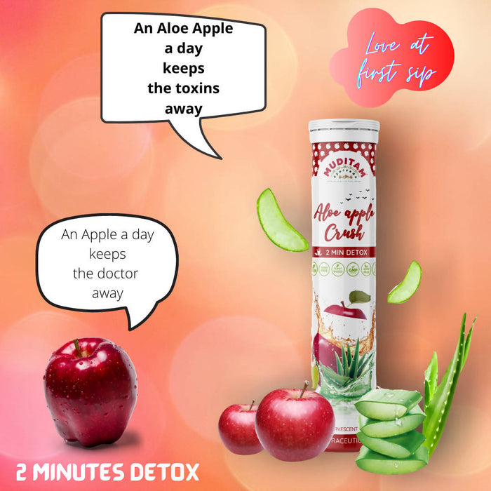 Muditam Ayurveda - Aloe Apple Crush Juice - Aloe Vera juice Effervescent tablet to detoxify body in 2 minutes - Herbal skin care supplement and for weight loss - Effervescent tablets with Apple flavour - Vegan