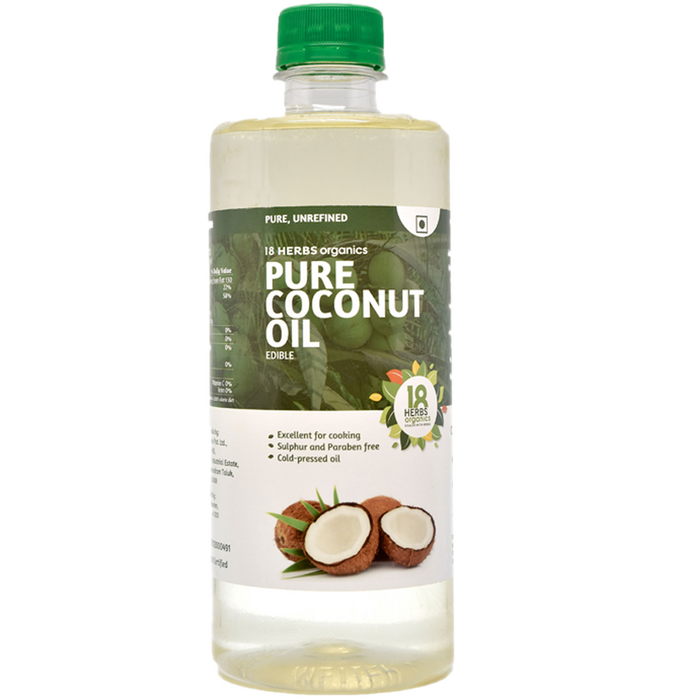 18 Herbs Organics Pure Edible Coconut Oil - Cold Wood-Press Method - Feeds Brain Cells and Increases Blood Circulation