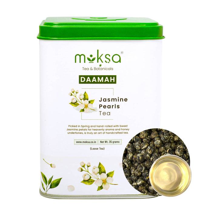 Moksa Jasmine Pearls Loose Leaf Tea with Jasmine Buds Organic and Natural 35g with Free Samplers