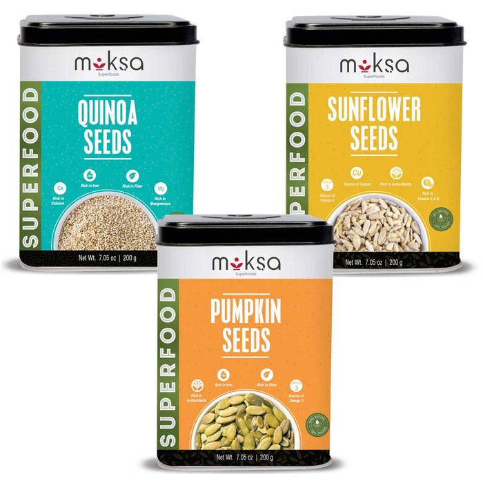 Moksa Organic Seeds Combo for Eating | Quinoa Sunflower and Pumpkin Seeds | Set of 200g x 3 with Tin Storage Box | High Fiber | Free Samplers