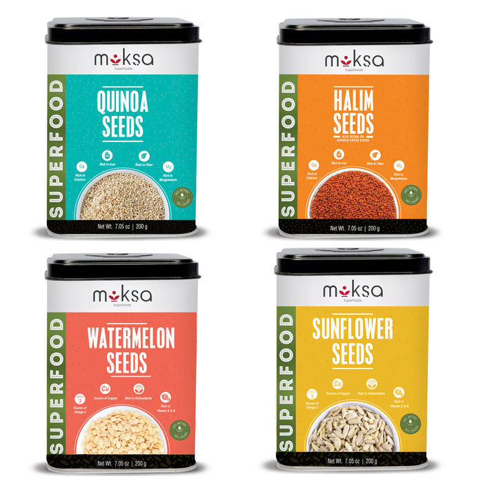Moksa Organic Seeds Combo for Eating | Quinoa Halim Watermelon and Sunflower Seeds | Set of 200g x 4 with Tin Storage Box | with Free Samplers