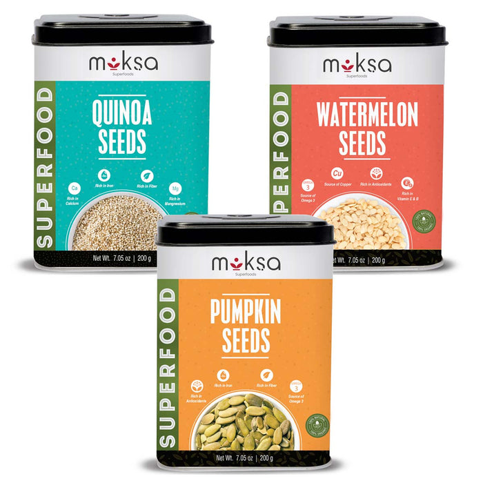 Moksa Organic Seeds Combo for Eating | Quinoa Watermelon and Pumpkin Seeds | Set of 200g x 3 with Tin Storage Box | High Fiber | Free Samplers