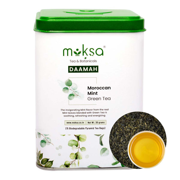 Moksa Moroccan Mint Blended with Real Mint Leaves Green Tea Bags (Pack of 15) with Free Samplers