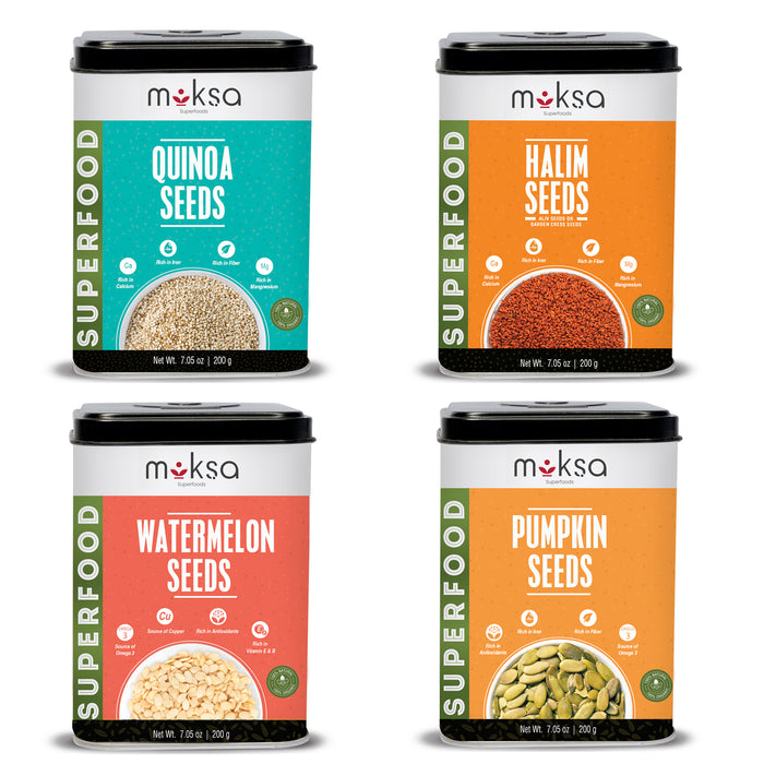 Moksa Organic Seeds Combo for Eating | Quinoa Halim Watermelon and Pumpkin Seeds | Set of 200g x 4 with Tin Storage Box | with Free Samplers
