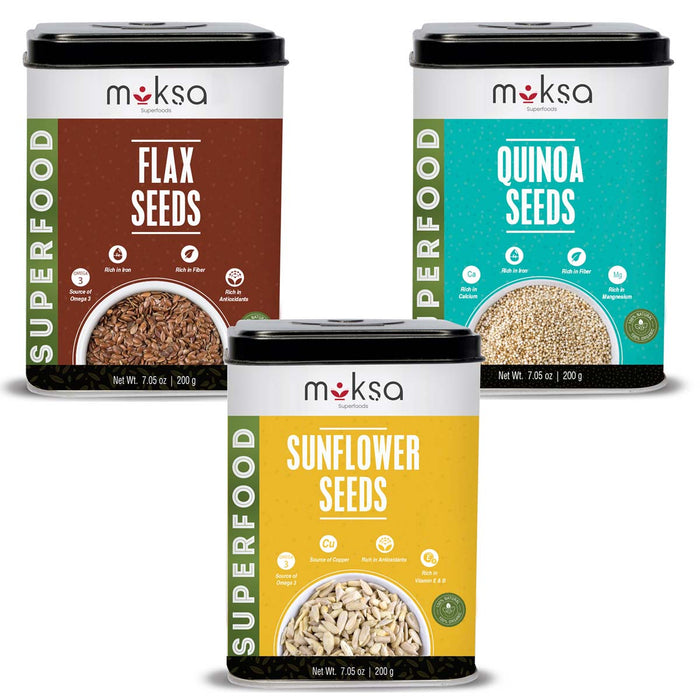 Moksa Organic Seeds Combo for Eating | Flax Quinoa and Sunflower Seeds | Set of 200g x 3 with Tin Storage Box | High Fiber | Free Samplers