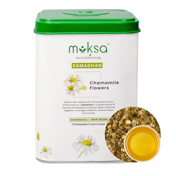Moksa Chamomile Tea with Organic Chamomile Flowers | 15 Biodegradable Pyramid Teabags with Free Samplers