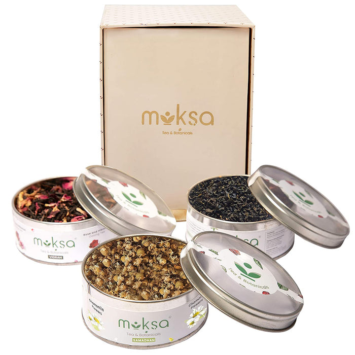 Moksa Tea Christmas Gift Pack Assorted Green Tea Set | Rose & Hibiscus Moroccan Mint and Chamomile Flowers Flavor Teas Pack of 3 with Free Samplers
