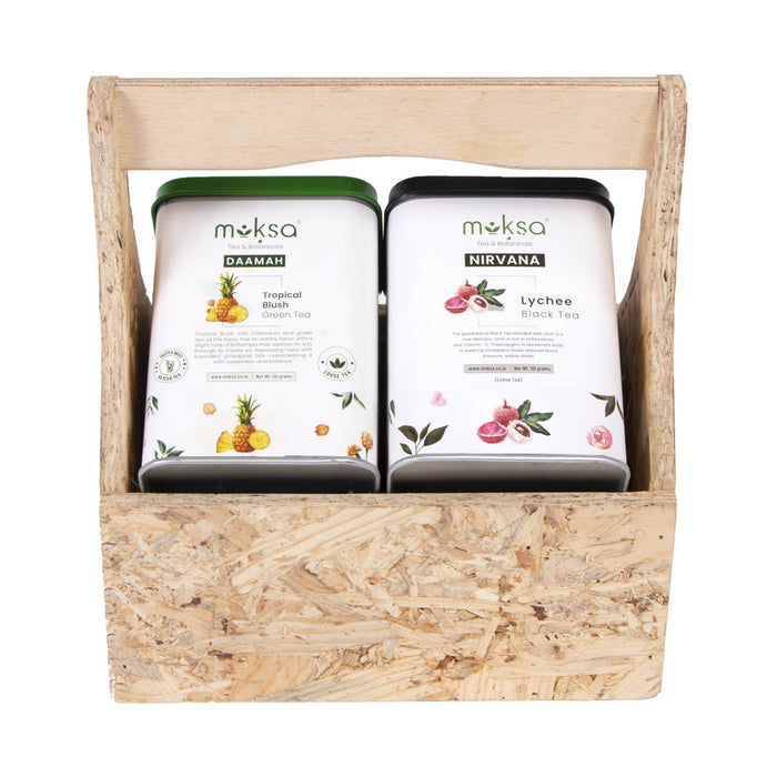 Moksa Tea Christmas Gift Pack Assorted Green-Black Tea Set | Christmas Gift Hamper | Pineapple and Lychee Flavor Teas Basket Pack of 2 + Free Samplers