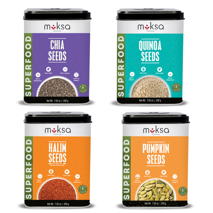 Moksa Organic Seeds Combo for Eating | Chia Quinoa Halim and Pumpkin Seeds | Set of 200g x 4 with Tin Storage Box | High Fiber | Free Samplers
