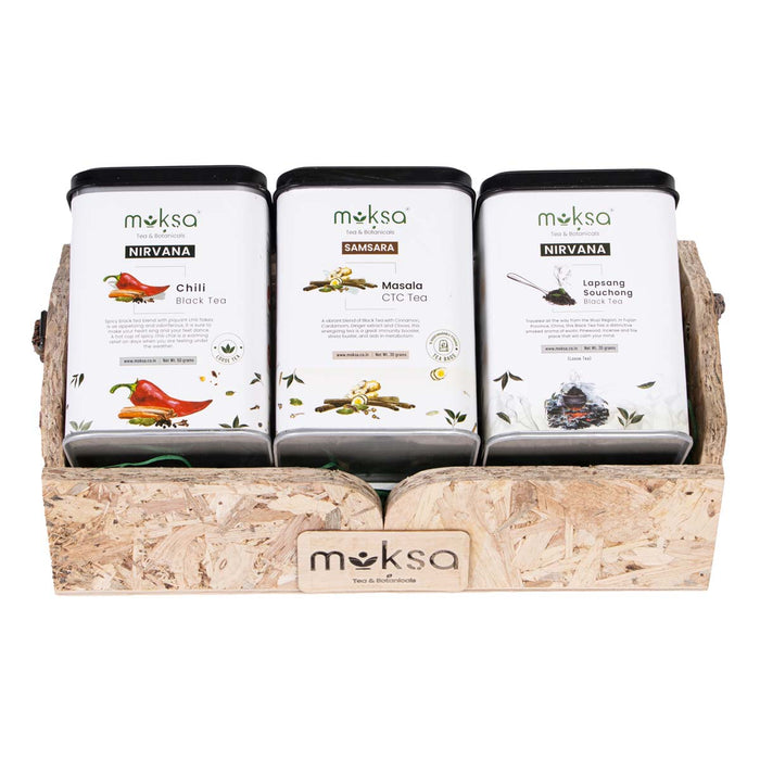 Moksa Tea Christmas Gift Pack Assorted Green Tea Set | Christmas Gift of Health | Lapsang Souchang, CTC Masala and Chili Flavor Teas with Free Sampler