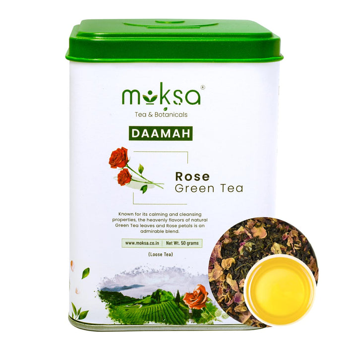 Moksa Green Tea - Organic Leafs with Rose Dried Petals 100% Pure Good for Healthy Hair & Beautiful Skin- 50g with Free Samplers