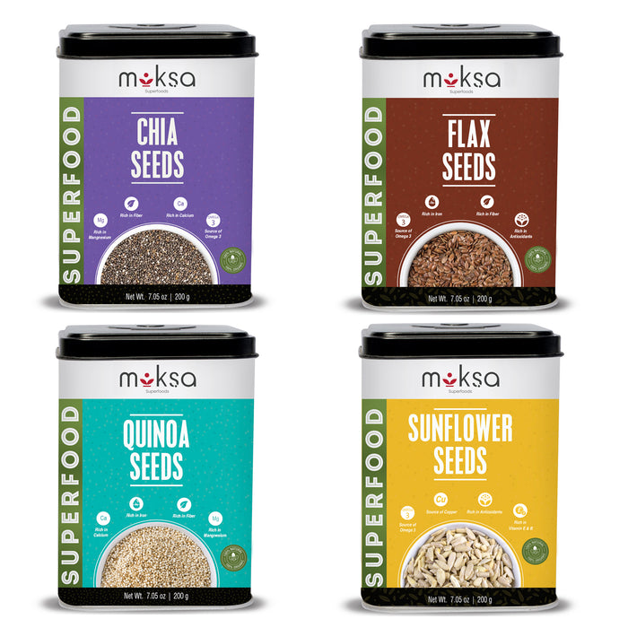 Moksa Organic Seeds Combo for Eating | Chia Flax Quinoa and Sunflower Seeds | Set of 200g x 4 with Tin Storage Box | High Fiber | Free Samplers