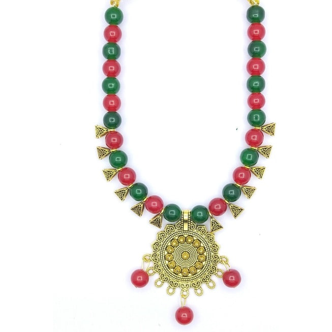 Raviour Lifestyle Necklace set with Red Green Beads designer necklace set Brass Necklace