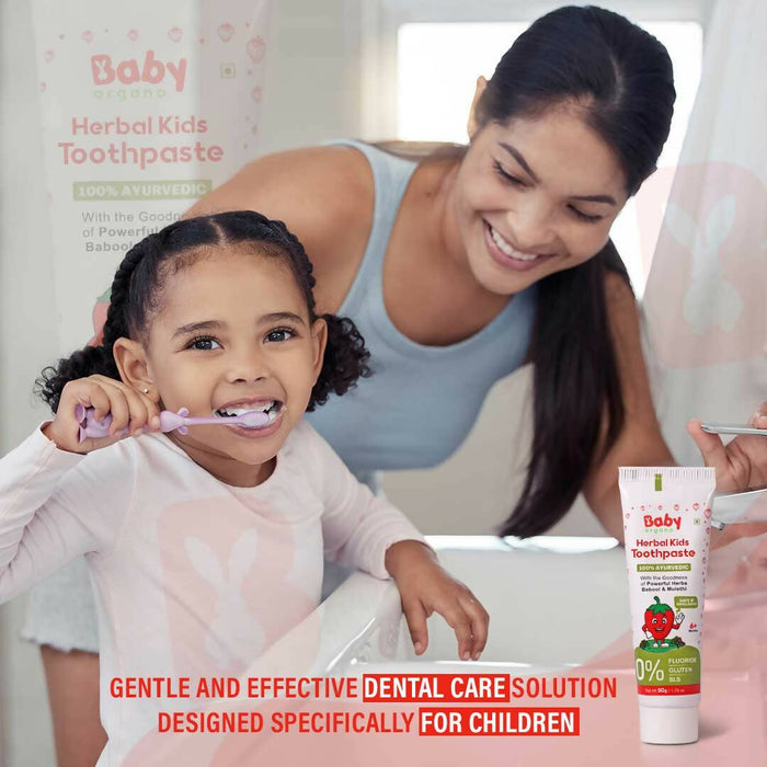Babyorgano Herbal Kids Toothpaste0-4 Years Non Gel, 50gm, with the goodness of Babool and Mulethi, Strawberry Flavour, Fluoride Free, SLS Free, 100% Ayurvedic, FDCA Approved
