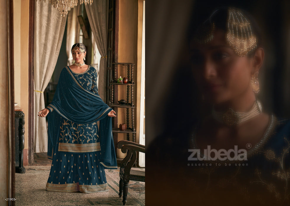 ZUBEDA Women's Georgette Embroidered Semi-Stitched Salwar Suits (Turquoise & Gold) ZUBEDA_21903