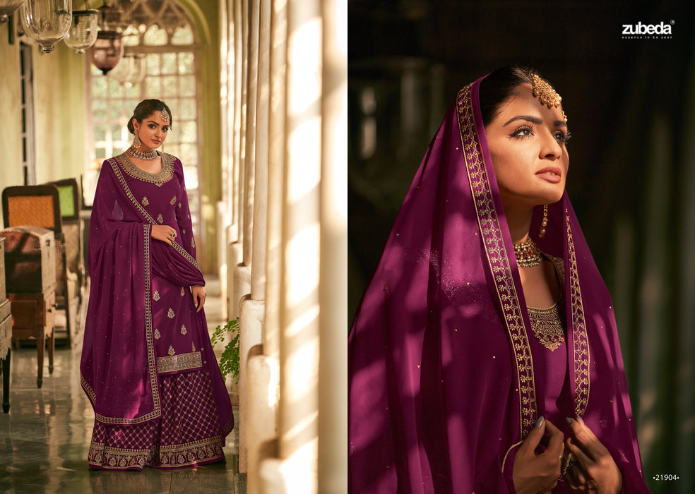 ZUBEDA Women's Georgette Embroidered Semi-Stitched Salwar Suits (Purple & Gold) ZUBEDA_21904