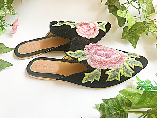Black Velvet Hi-Collar Pink Rose Mules by Sole House - Local Option