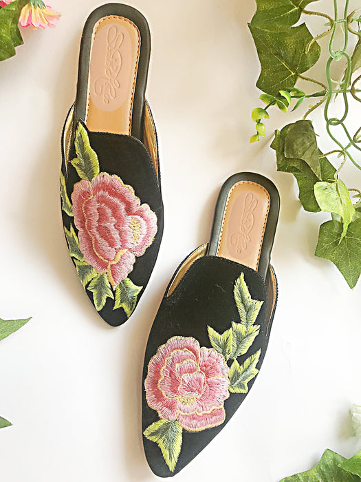 Black Velvet Hi-Collar Pink Rose Mules by Sole House - Local Option