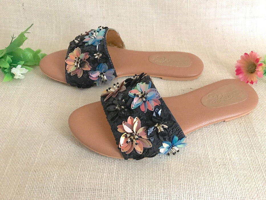 Black Sequin Flower Flats by Sole House - Local Option