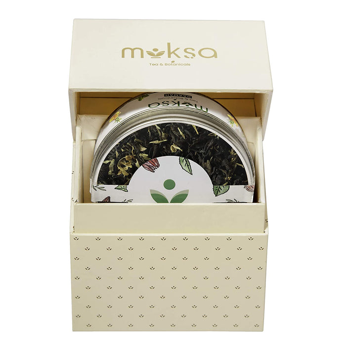 Moksa Christmas Gift Pack | Organic Green Tea | Round Tin Caddy | Natural Loose Leafs with Free Samplers