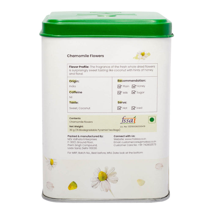 Moksa Chamomile Tea with Organic Chamomile Flowers | 15 Biodegradable Pyramid Teabags with Free Samplers