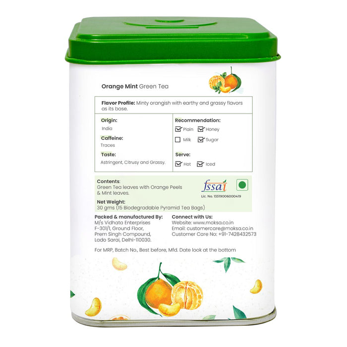 Moksa Green Tea Orange Mint Pyramid Tea Bags Pack of 15 with Free Samplers
