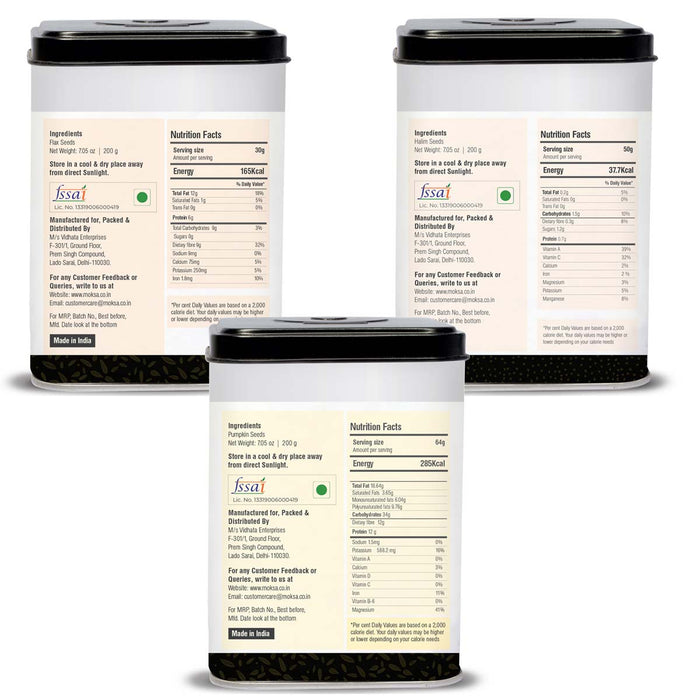 Moksa Organic Seeds Combo for Eating | Flax Halim and Pumpkin Seeds | Set of 200g x 3 with Tin Storage Box | High Fiber | Free Samplers
