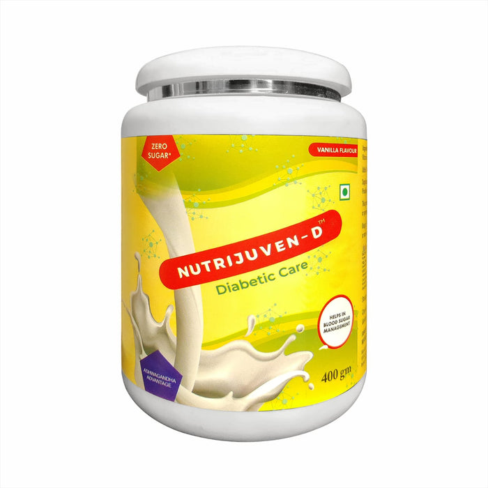Nutrijuven-D Diabetic Care protein supplement with added benefits of Divine Herbs like Ashwagandha with Zero Sugar Pack of 4 Vanilla 400 gm