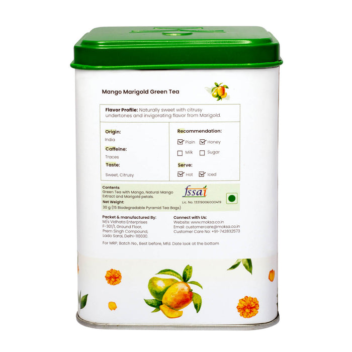Moksa Green Tea Bags - Biodegradable Pyramid Tea Bags 100% Natural Pack of 15 Mango Marigold 30g with Free Samplers