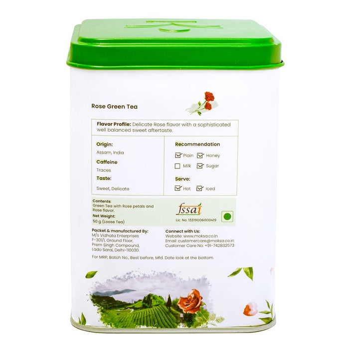 Moksa Green Tea - Organic Leafs with Rose Dried Petals 100% Pure Good for Healthy Hair & Beautiful Skin- 50g with Free Samplers