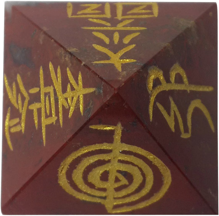 SATYAMANI Natural Red Jasper Reiki Symbol Pyramid 35 mm. for Vastu Correction, Creativity, Crystal Healing, Reiki Healing, Meditation & Chakra Balancing for Unisex, Color- Red (Pack of 1 Pc.)