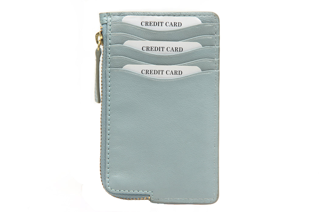 FIKA - Slim Minimalist Front Pocket Genuine Leather Wallet, Original Leather Credit Card Holder Wallet, Women Leather Zipper Card Case for Ladies & Girls, Size 5X3 (Sky Blue)
