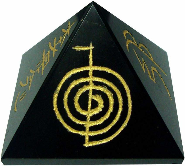 SATYAMANI Natural Balck Obsidian Reiki Symbol Pyramid 40 mm. for Vastu Correction, Creativity, Crystal Healing, Reiki Healing, Meditation & Chakra Balancing for Unisex, Color- Black (Pack of 1 Pc.)