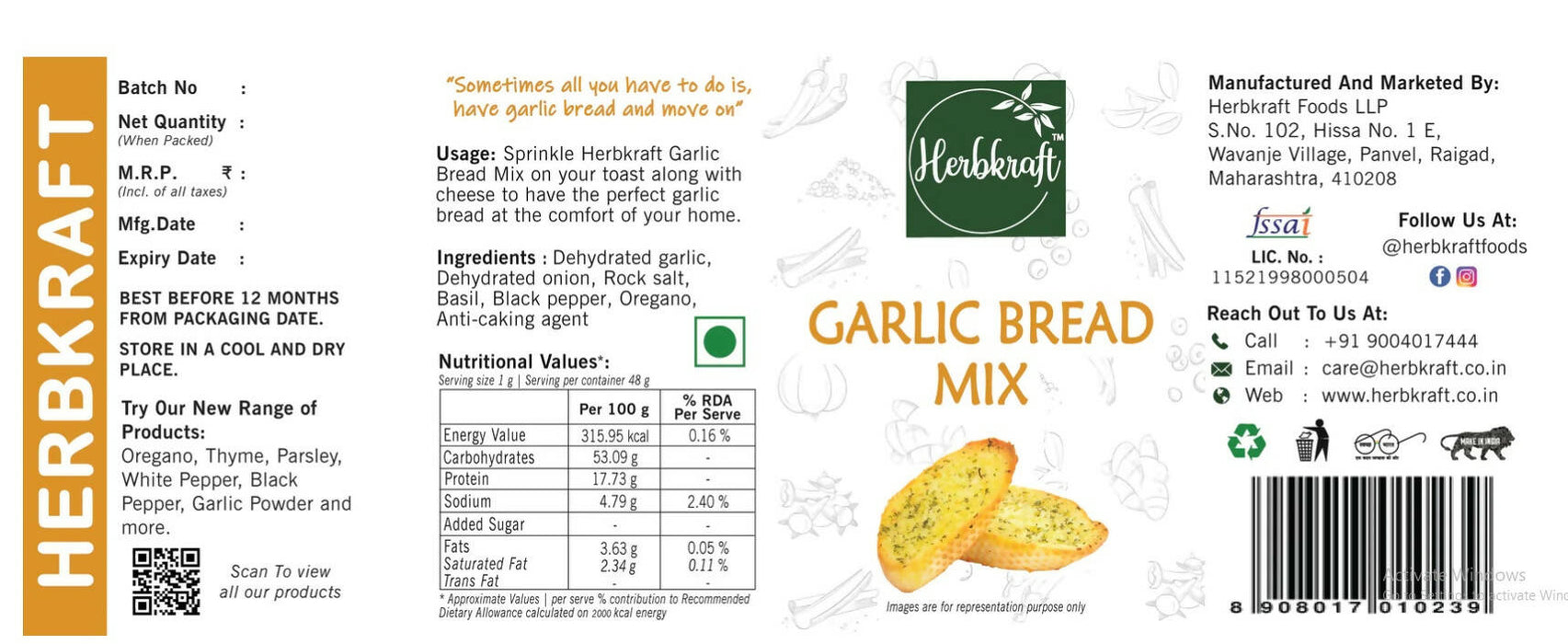 Herbkraft - Garlic Bread Mix 48 GM Pack of 1 | Fresh & Natural Herbs & Seasonings | Dry Leaves | Grocery - Masala - Spices | Vegetable Stir Fry - Pizza - Pasta - Cheese | No Added Colour & Flavour