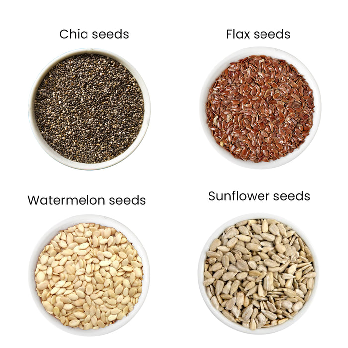Moksa Organic Seeds Combo for Eating | Chia Flax Watermelon and Sunflower Seeds | Set of 200g x 4 with Tin Storage Box | with Free Samplers