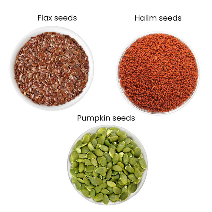 Moksa Organic Seeds Combo for Eating | Flax Halim and Pumpkin Seeds | Set of 200g x 3 with Tin Storage Box | High Fiber | Free Samplers