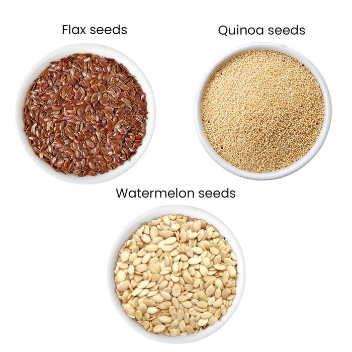 Moksa Organic Seeds Combo for Eating | Flax Quinoa and Watermelon Seeds | Set of 200g x 3 with Tin Storage Box | High Fiber | Free Samplers
