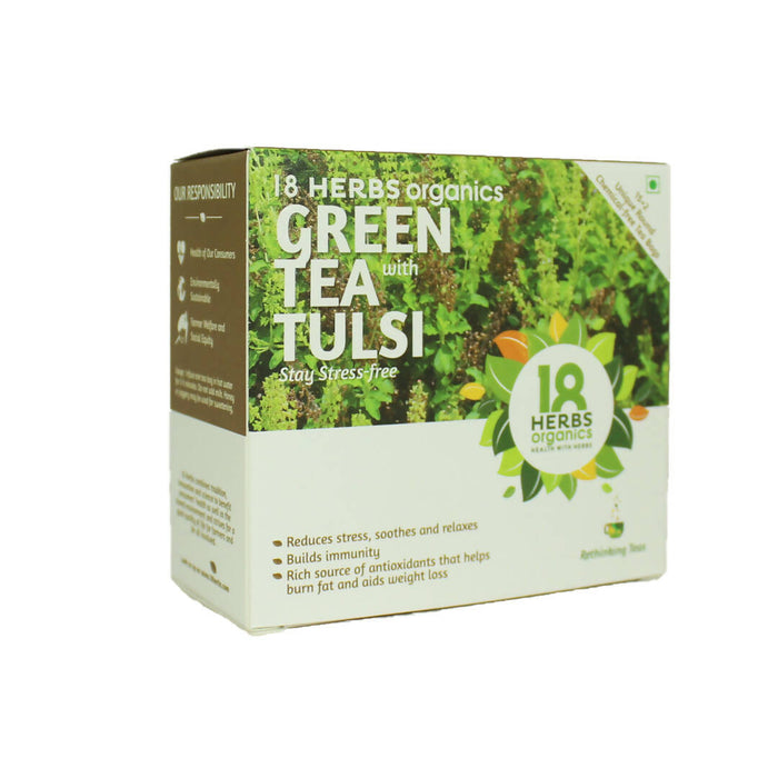 18 Herbs Organics Green Tea with Tulsi - Reduces Stress, Rich source for antioxidants