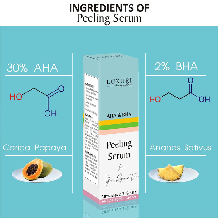 LUXURI 30% AHA & BHA Peeling Solution Perfect For Lightening, Pigmented Acne Spots, Glowing & Radiant Skin, Open Pores, Daily Peel 50ml